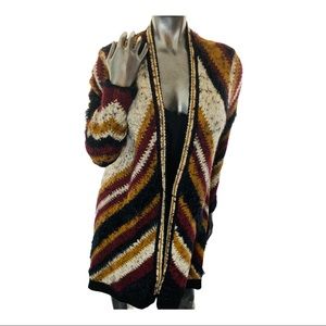 Multi-material long open-front sweater